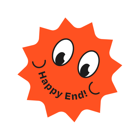 Verspieltes Icon mit lächelnder Sonne und „Happy End“-Text – steht für kreative Lösungen